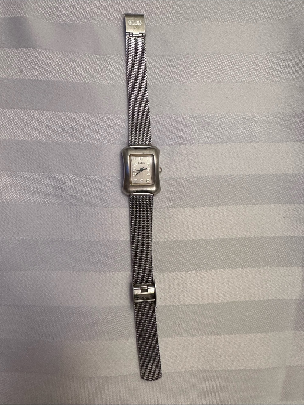 Guess Silver-Tone Rectangular Mesh Strap Watch